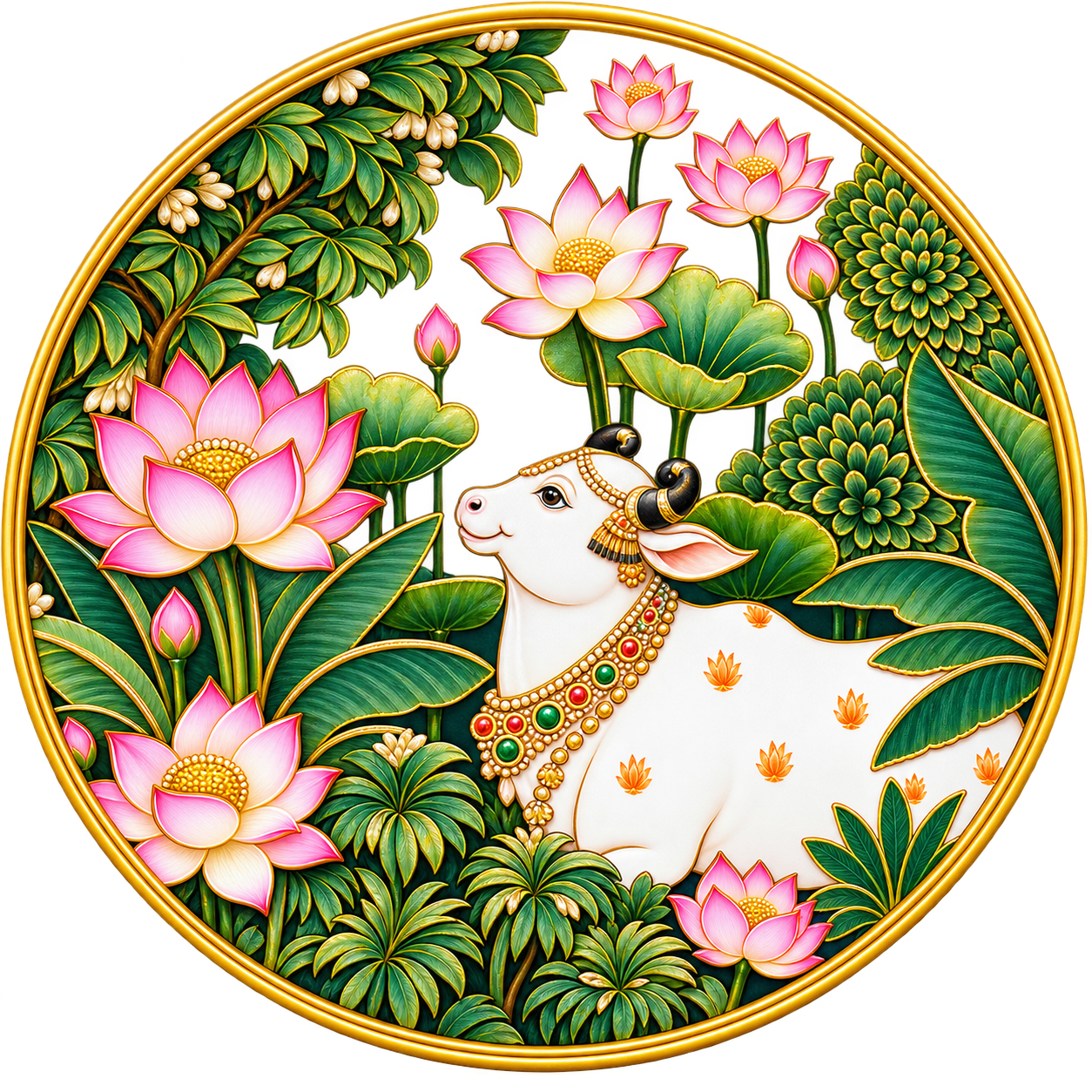 ornate golden lotus cow medallion